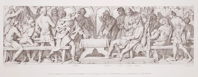 Harold, conqueror at Stamford, and wounded, sits at a banquet in York, and a herald announces the landing of Duke William